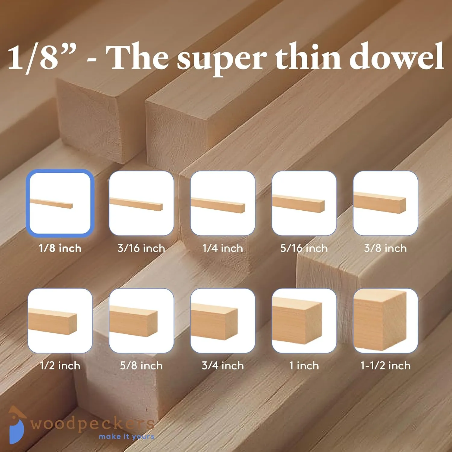 Wood Square Dowel Rods 1/8 inch x 12 Pack of 50 Wooden Craft Sticks for Crafts and Woodworking by Woodpeckers