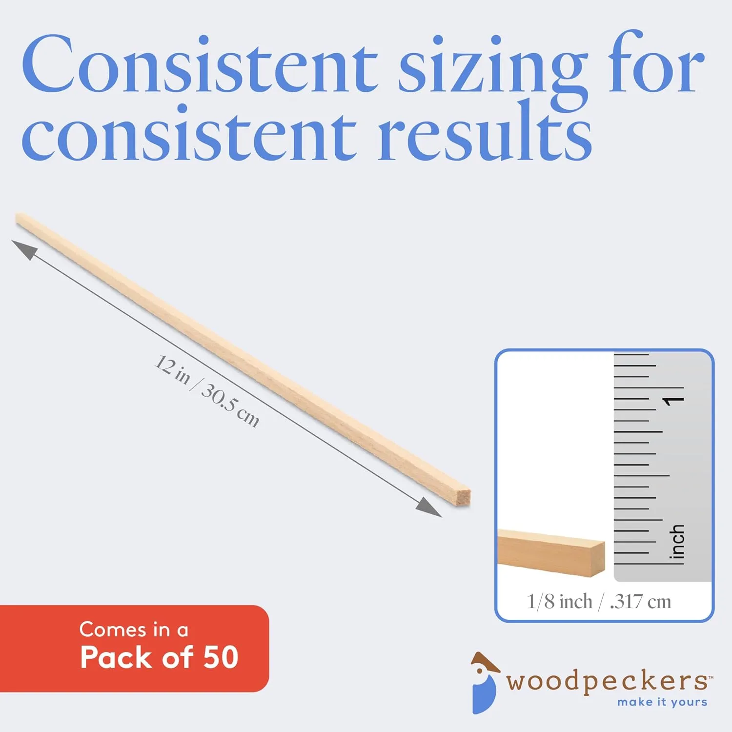 Wood Square Dowel Rods 1/8 inch x 12 Pack of 50 Wooden Craft Sticks for Crafts and Woodworking by Woodpeckers