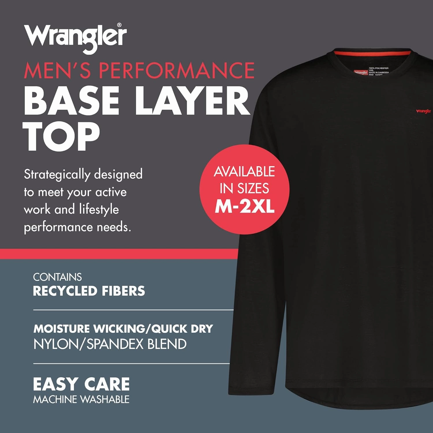 Wrangler - Men Long Sleeve Base Layer (Black) - Thermal Cold Weather Top