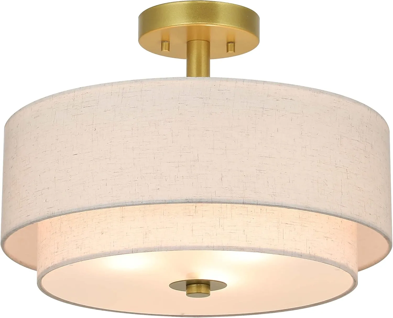 XiNBEi Lighting 3 Light Semi Flush Mount Light, Close to Ceiling Light Fixture with Fabric Shade Retro Gold Brass 16 inch Semi Flush Drum Light for Bedroom & Living Room XB-SF1289-GB