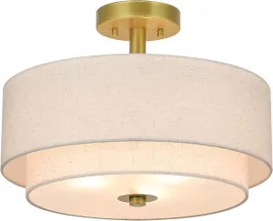 XiNBEi Lighting 3 Light Semi Flush Mount Light, Close to Ceiling Light Fixture with Fabric Shade Retro Gold Brass 16 inch Semi Flush Drum Light for Bedroom & Living Room XB-SF1289-GB