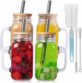 Yirilan 4 Pack 24Oz Mason jar cups with lids and straws, Mason Jars with Handle, Mason Jar Drinking Glasses with Lid and Straw, Mason Jar Mugs
