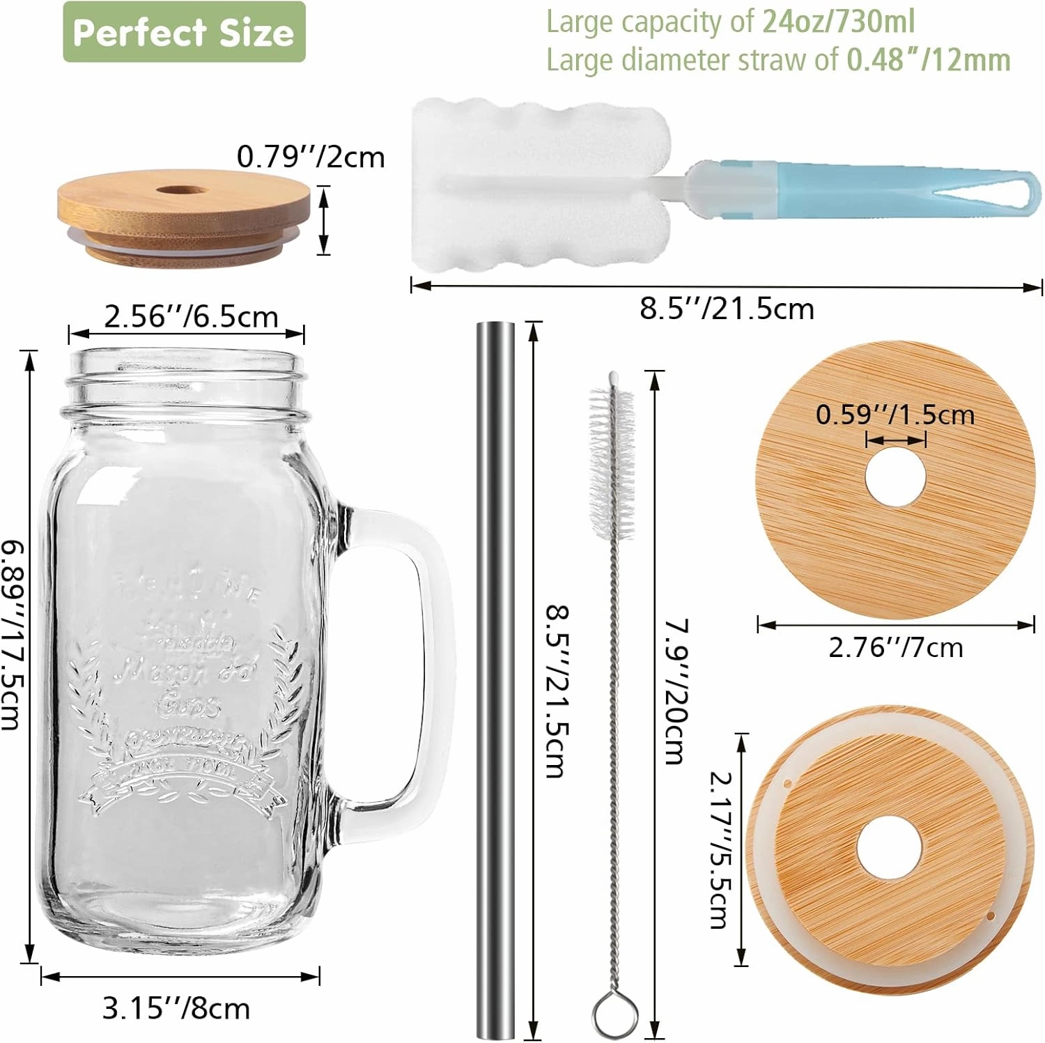 Yirilan 4 Pack 24Oz Mason jar cups with lids and straws, Mason Jars with Handle, Mason Jar Drinking Glasses with Lid and Straw, Mason Jar Mugs