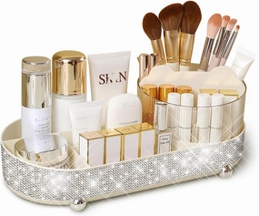 Yivaiks 360° Rotate Bling Makeup Organizer for Vanity Cosmetic Countertop Rhinestones Makeup Brush Holder Skincare Organizers Desk Storage Accessories