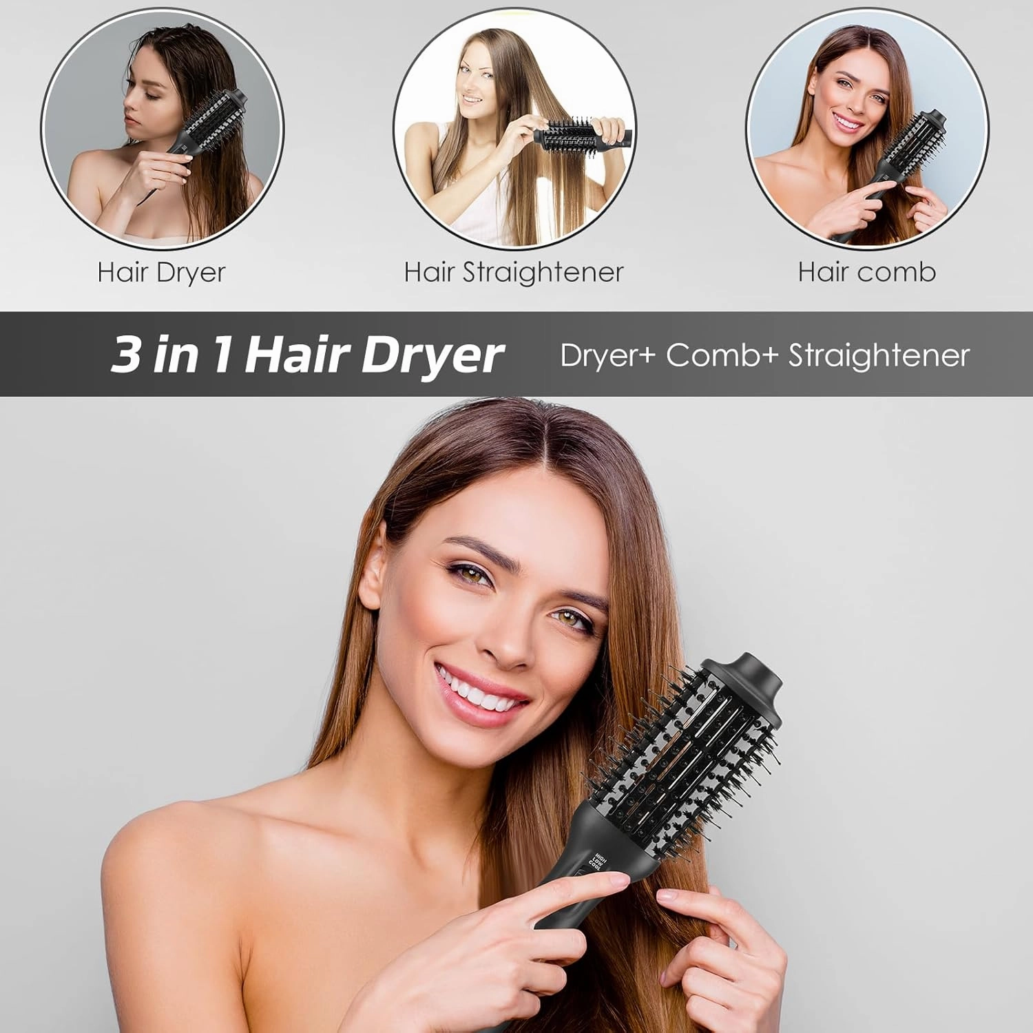 YourMate Blow Dryer Brush Hair Dryer Brush Comb Stylish Hair Drying, Volumizing and Straightening, Hot Air Brush Adjustable 3 Temps Settings