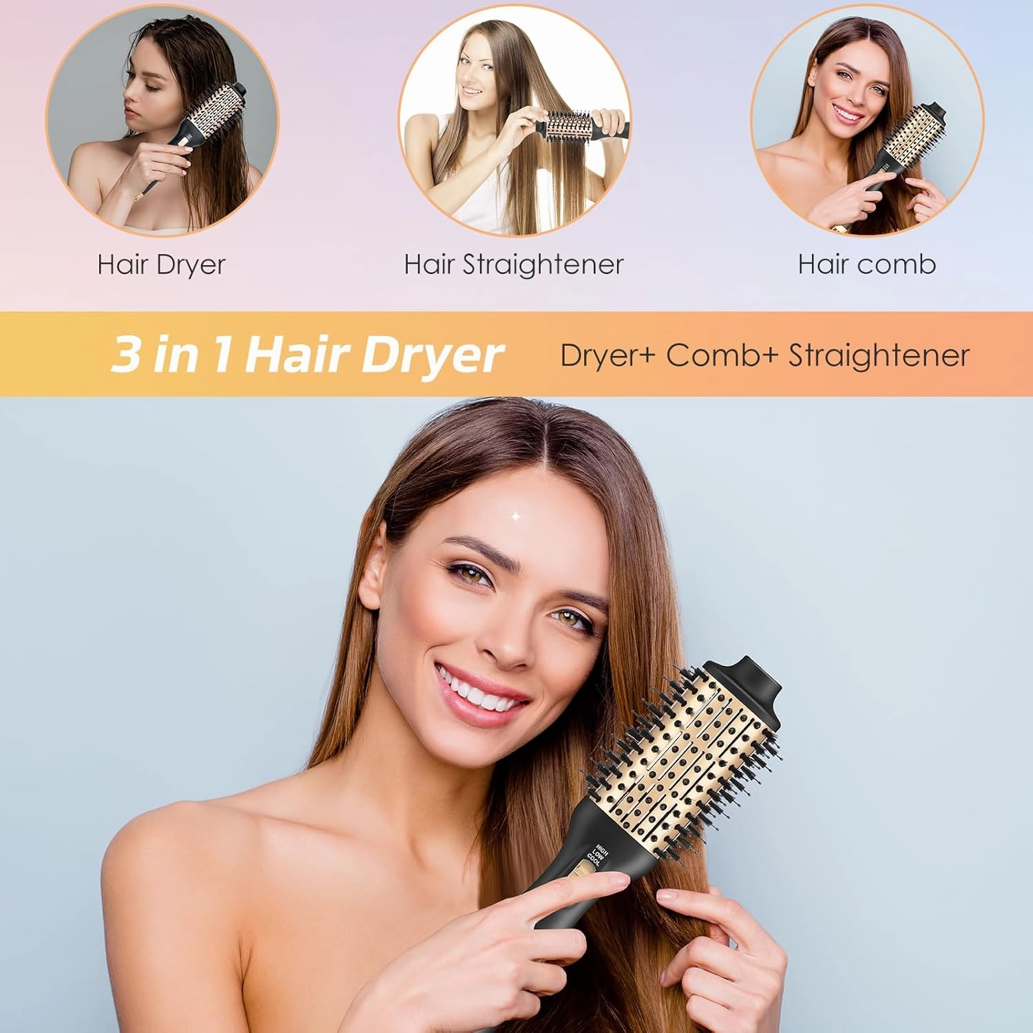 YourMate Hair Dryer Brush - Portable Hot Air Volumizing Brush with Adjustable 3 Temperature Settings for Stylish Hair Drying