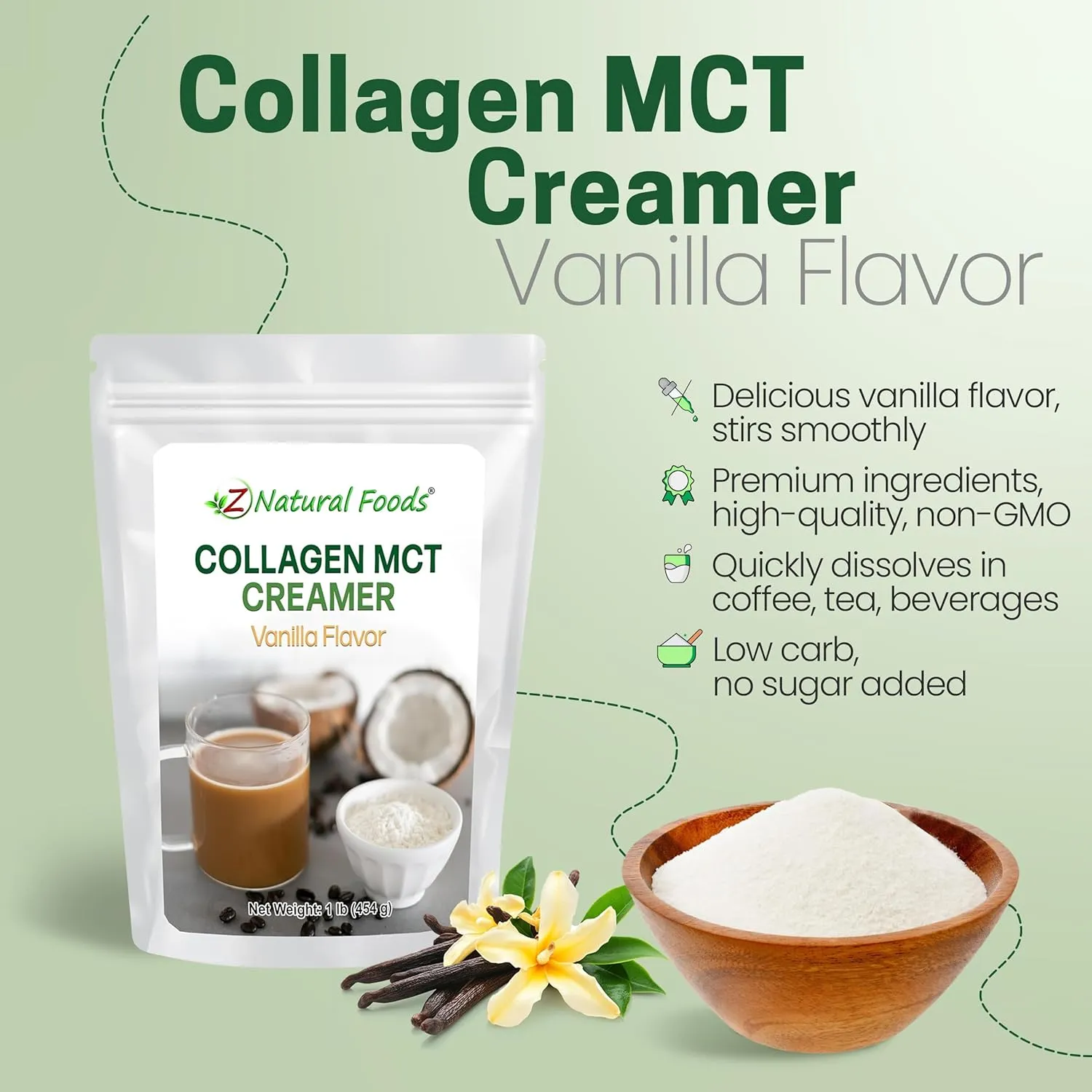 Z Natural Foods Collagen MCT Oil Creamer - Pure MCT Creamer Powder with Collagen Peptides - Collagen Creamer for Coffee, Tea & Culinary Use - Healthy Creamer, Keto & Paleo Friendly, Vanilla, 1 lb