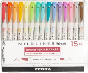 Zebra Pen Mildliner Double-Ended Brush Marker, Brush and Fine Tip Pens, Ideal for Bible Highlighting, No Bleed, Assorted Soft Colors, 15-Pack (79115)